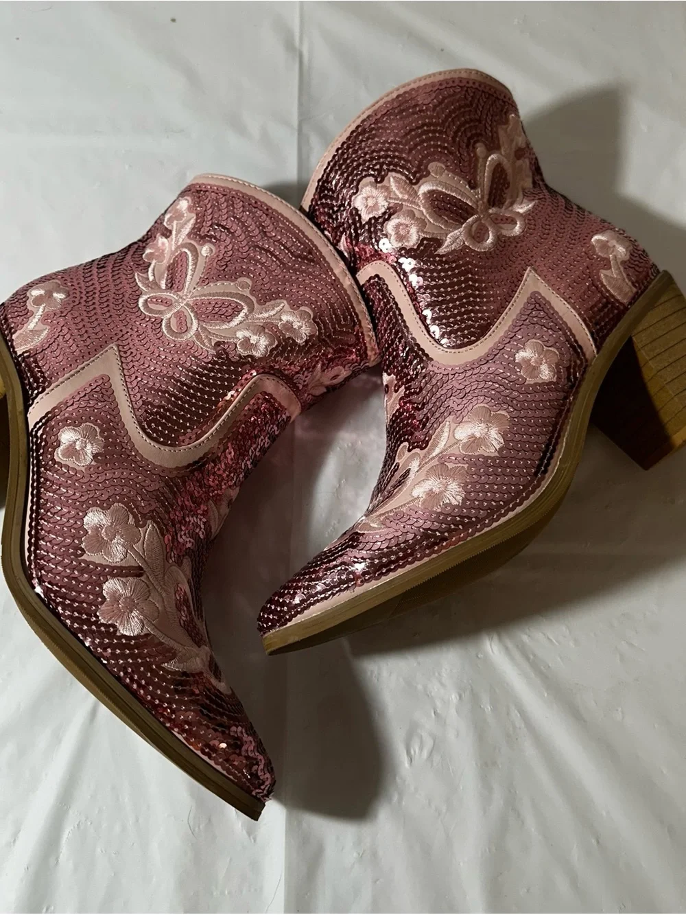 Pink Unique Sequin Western Ankle Boots for Women 8.5